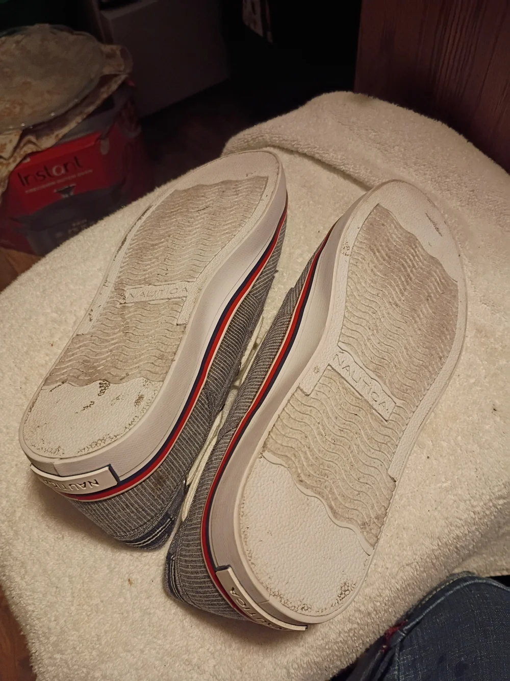 Nautica Gray Canvas Slip-On Boat Shoes with Cream Laces and Red Accent